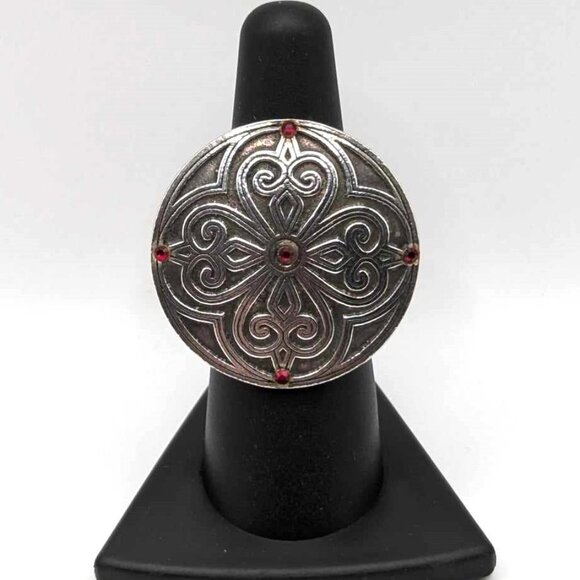 Source Unknown Jewelry - Beautiful & Adjustable Silver Shield Ring with Tiny Red Stones